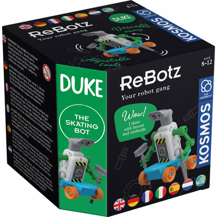Black box for a green and white robot kit with orange skate wheels, a broom and umbrella for arms, and STEM logos.