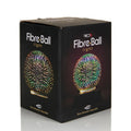 Black packaging for RED5 Fibre Ball light showing a 12cm glass sphere with colorful, glowing firework-like effects.