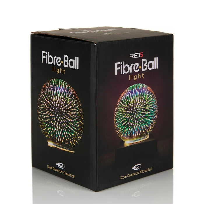 Black packaging for RED5 Fibre Ball light showing a 12cm glass sphere with colorful, glowing firework-like effects.