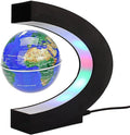 Levitating world globe suspended inside a black C-shaped frame with colorful glowing LED lights.
