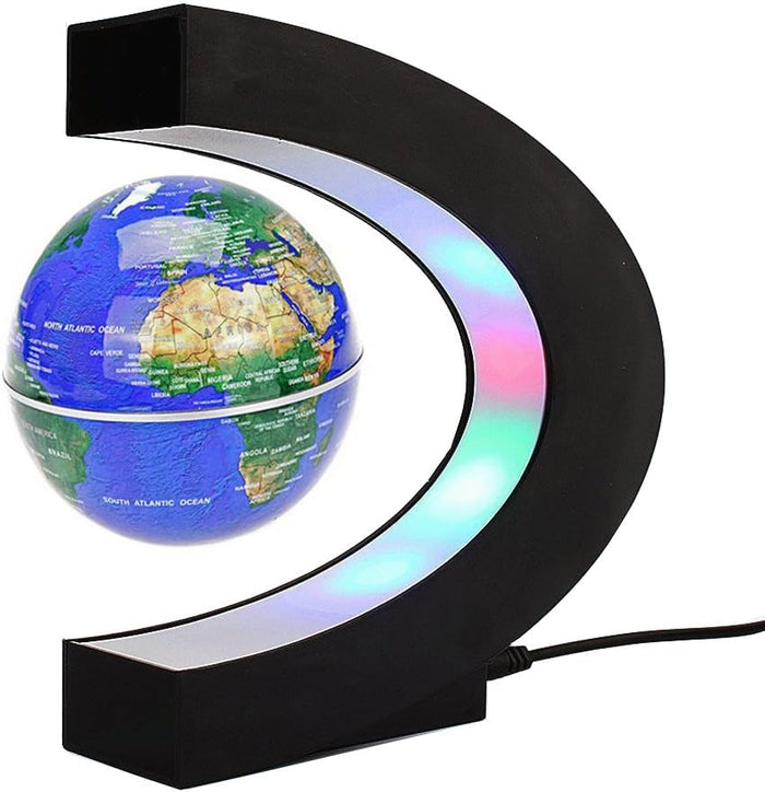 Levitating world globe suspended inside a black C-shaped frame with colorful glowing LED lights.