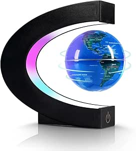 Blue world globe levitating inside a black C-shaped frame with colorful pink and blue LED accent lights.