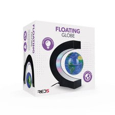 White product box for a RED5 Floating Globe with a black C-shaped stand and a blue world globe suspended in the air.