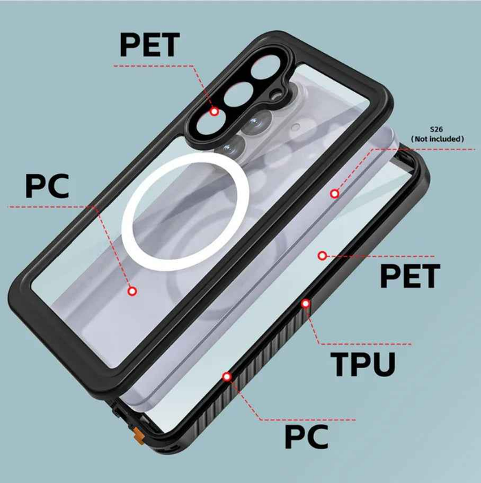 RedPepper Samsung Galaxy S26 waterproof case by TechPlus, showing the durable, protective phone cover with secure sealing features.