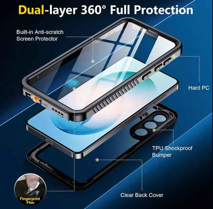 RedPepper Samsung Galaxy S26 waterproof case by TechPlus, shown protecting the phone with a vibrant red design.