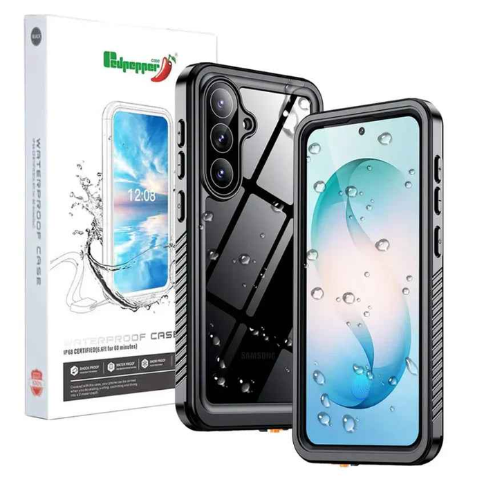 RedPepper Samsung Galaxy S26 waterproof case by TechPlus, shown protecting the phone with a vibrant red design.