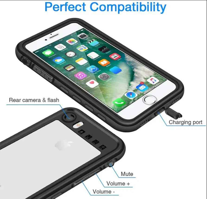 Techplus Redpepper waterproof case for iPhone 7 in black, showing a protective design with secure sealing and transparent front.