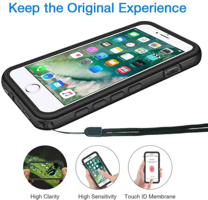 Black TechPlus Redpepper waterproof case for iPhone 7, showing the protective design and secure sealing for water resistance.