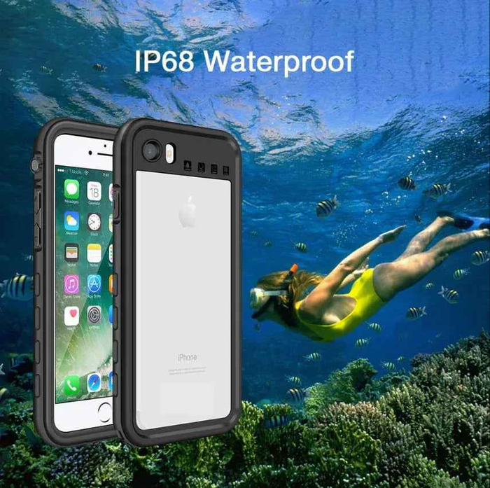 Black Redpepper waterproof case for iPhone SE by techplus, showing the protective design and secure closure for mobile phone protection.