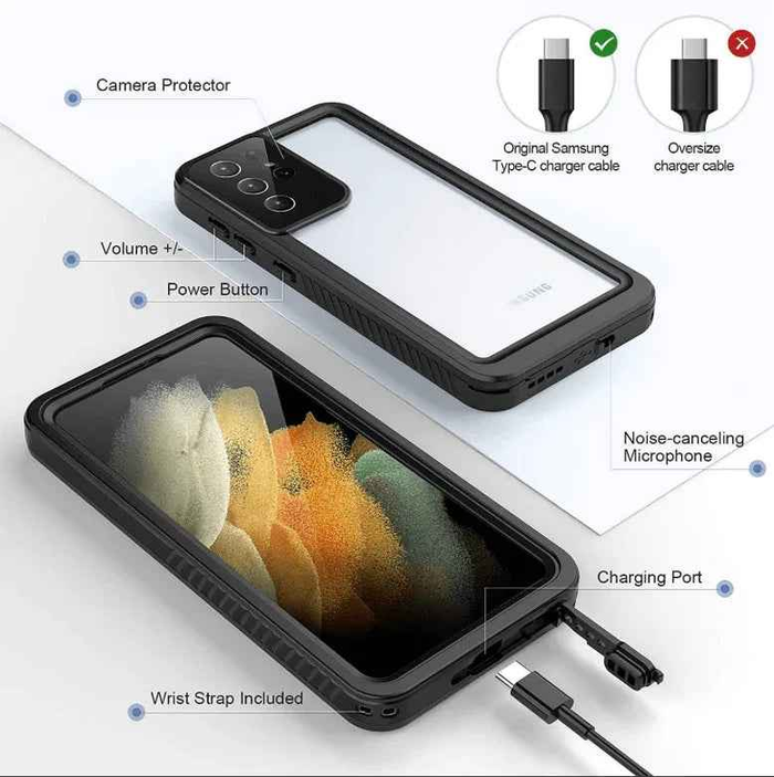 Techplus Redpepper waterproof case for Samsung S21 Ultra providing full protection and durability in a clear, protective design.