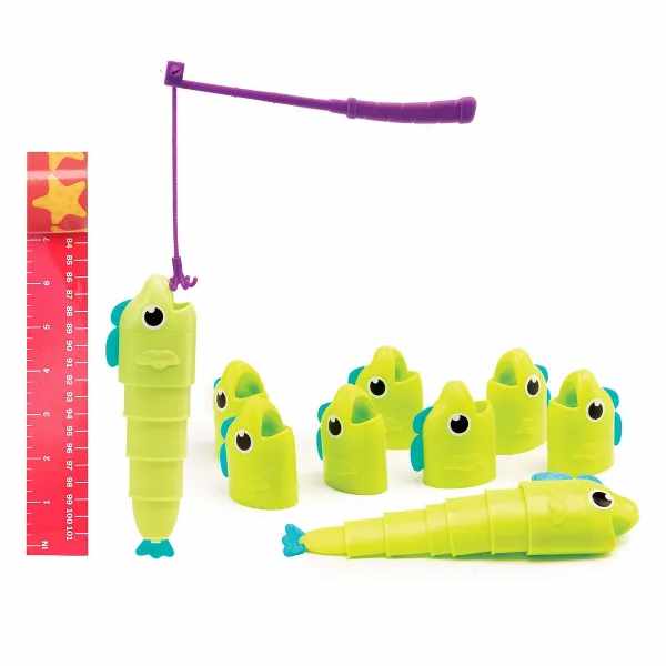 Purple toy fishing rod with various lime green fish of different lengths next to a red measurement ruler graphic.