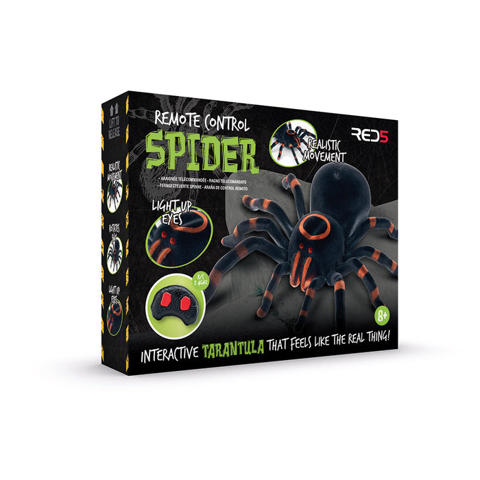 Black packaging for a fuzzy black and orange remote control tarantula toy with light-up eyes and its handheld remote.