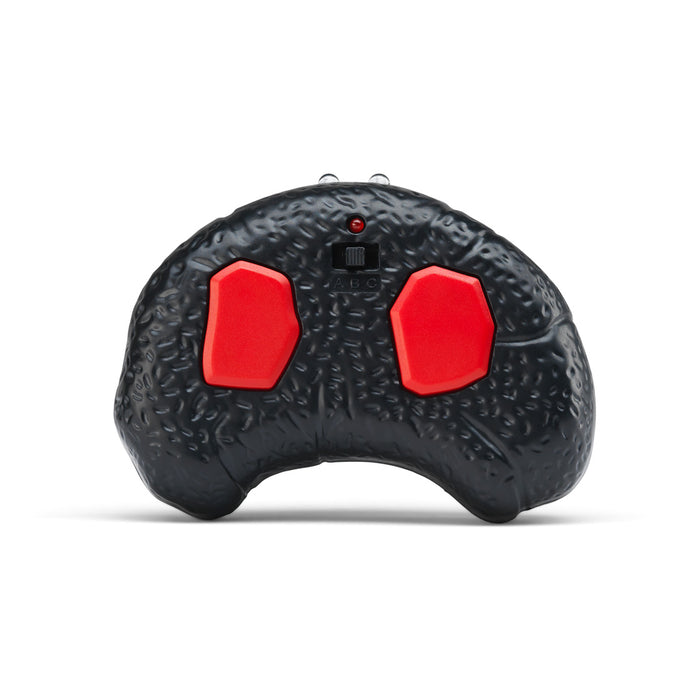 Black textured plastic remote control featuring two large red buttons and a channel selection switch.