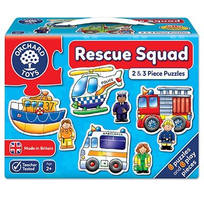 Blue box featuring colorful cartoon fire engine, police helicopter, ambulance, boat, and character figures.