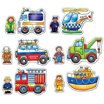 Colorful puzzles of rescue vehicles and drivers, including a fire engine, ambulance, tow truck, and police helicopter.