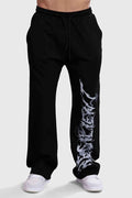 Black Ressiliant Straight Tracks Fuaark NZ track pants laid flat, showcasing their sleek design and comfortable fit.