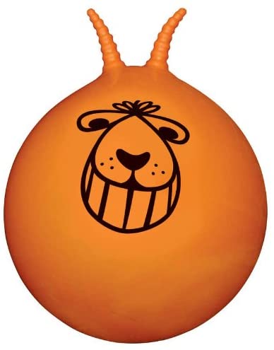 Orange inflatable ball with two ribbed handles on top and a black smiling cartoon face printed on the front.