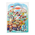 Pirate-themed puffy sticker set with colorful characters, outfits, and treasure on a vibrant ocean scene background.