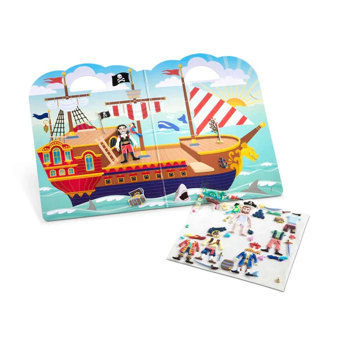 Colorful pirate ship fold-out scene and a sheet of puffy stickers featuring pirates, clothes, and nautical accessories.