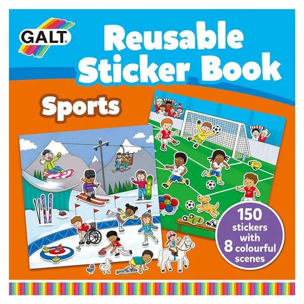 Galt Sports sticker book cover with colorful cartoon soccer and winter scenes, featuring 150 reusable stickers.