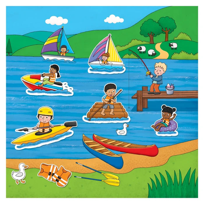 Cartoon lake scene with stickers of kids sailing, kayaking, and rafting. Includes colorful boats, ducks, and life vests.