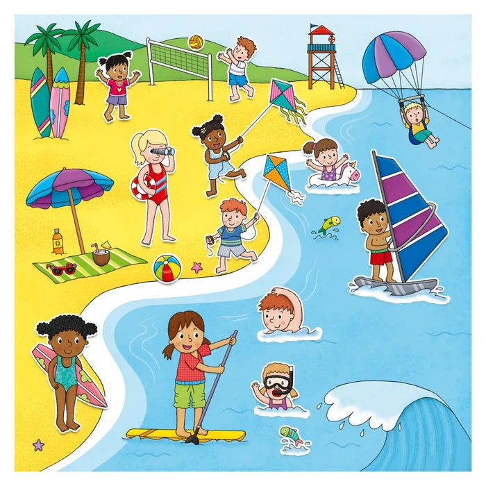 Brightly colored beach scene with cartoon stickers of kids swimming, surfing, and playing volleyball on sand and water.