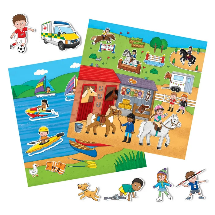 Two colorful reusable sticker sheets of water and horse sports with various cartoon athlete and animal stickers.