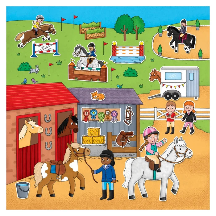 Colorful horse stable illustration with stickers of cartoon riders, horses jumping, a barn, and a horse trailer.