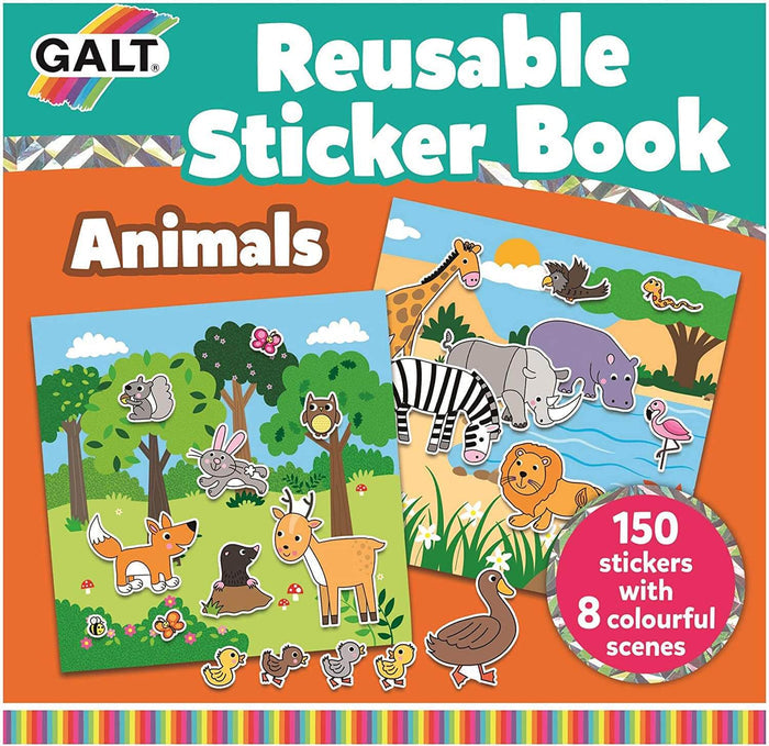 Galt Reusable Sticker Book cover featuring cartoon woodland and safari animal scenes and 150 stickers.