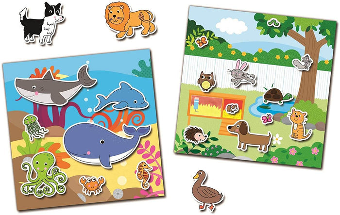 Ocean and park-themed reusable sticker boards featuring colorful cartoon animals like a whale, shark, and dog.