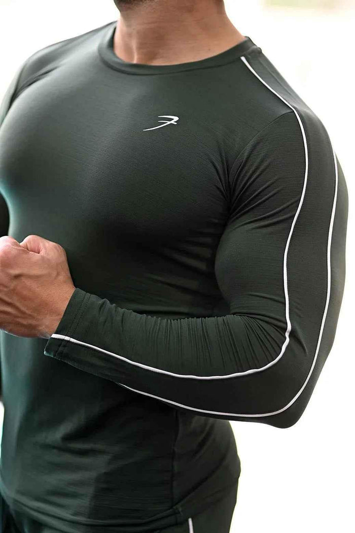 Green Revival Piping Fullsleeves T-shirt by Fuaark Nz, casual cotton T-shirt with piping detail on full sleeves.