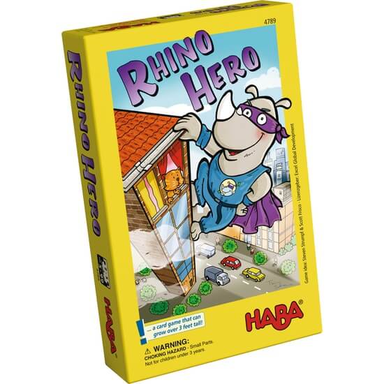 Yellow rectangular box featuring a superhero rhino scaling a building of cards above a miniature cartoon city.