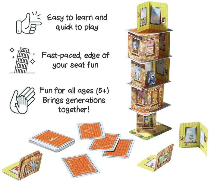 Five-story brick card tower with orange floor cards and a blue rhino figurine on a white background with feature icons.