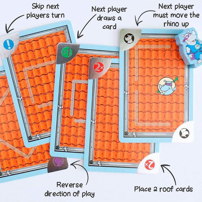 Orange roof cards with action icons and labels for game rules, pictured next to a small blue rhino figurine.