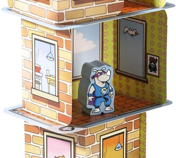 Rhino superhero game piece inside a stacked tower made of illustrated brick walls and floor cards.