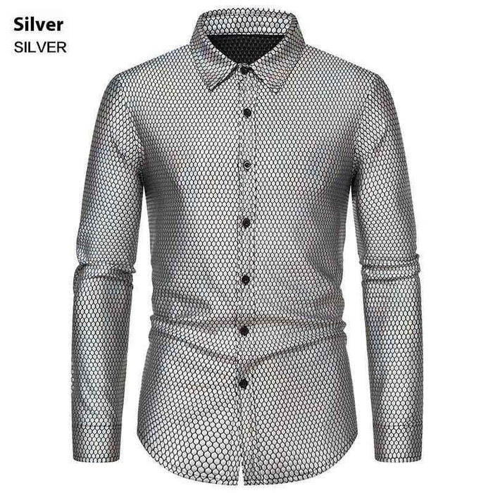 Black Rhombus Bronzed Button-Up Shirt by Stylish 3Sixty5, featuring a classic collar and button closure, worn as a stylish top.