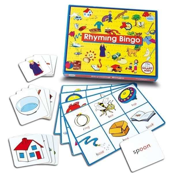 Yellow game box with blue-bordered bingo boards and cards featuring simple cartoon illustrations of a bee and a ring.
