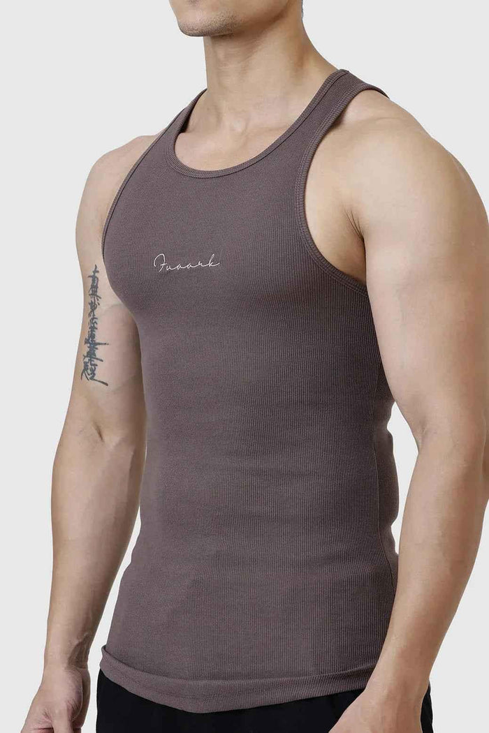 Brown ribbed tank top from Fuaark Nz, showcasing a fitted sleeveless design with ribbed fabric for a stylish casual look.