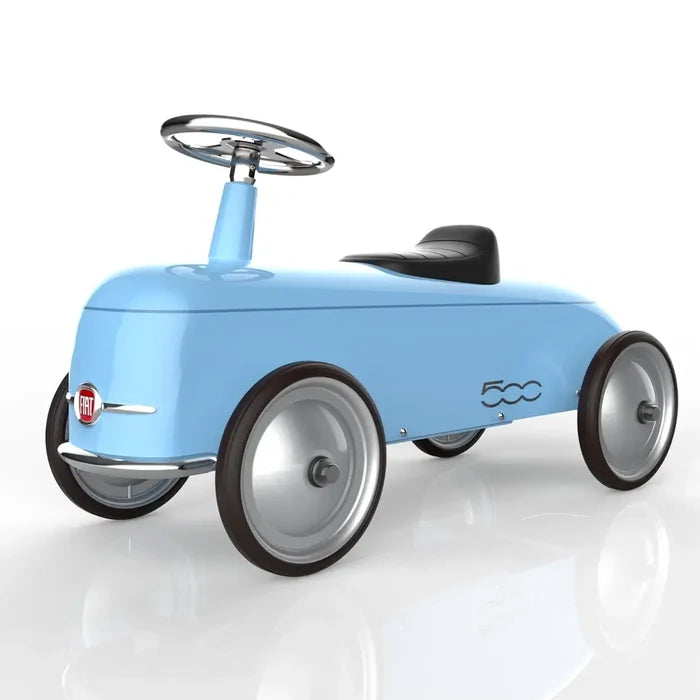Light blue retro ride-on toy car with a silver steering wheel, black seat, and Fiat 500 logo on a white background.
