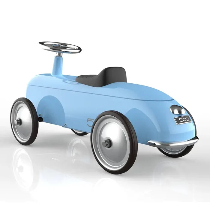 Light blue rounded vintage-style ride-on car with a chrome steering wheel, black seat, and large silver wheels.