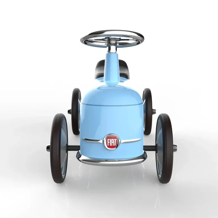 Light blue retro-style ride-on toy car for toddlers with Fiat logo, chrome steering wheel, and black tires.