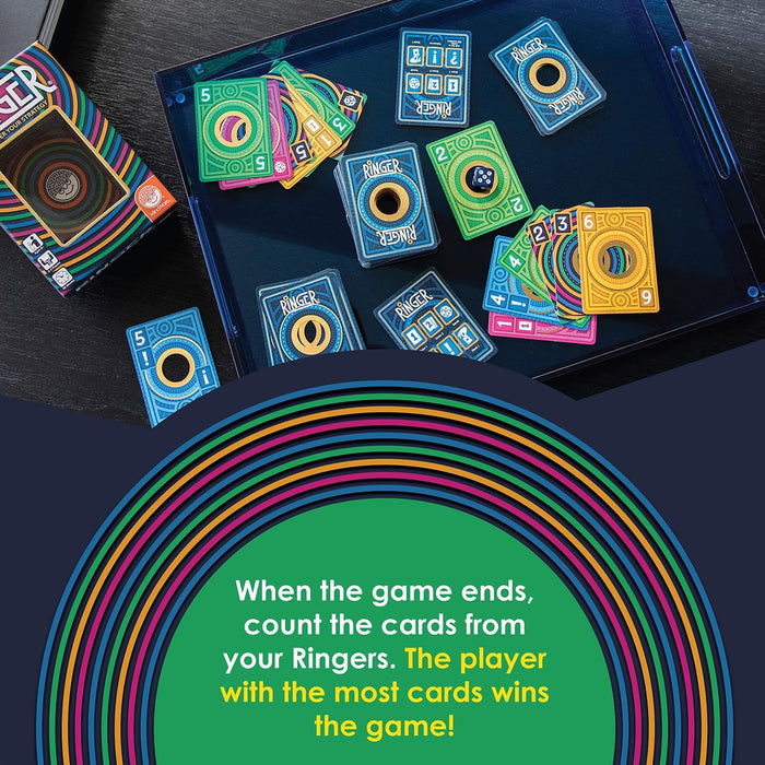 Colorful circular-patterned cards, a die, and box for Ringer game in a blue tray with scoring instructions.