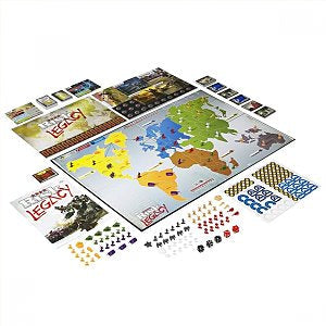 Risk Legacy board game spread featuring a world map board, card decks, dice, and colorful miniature army pieces.