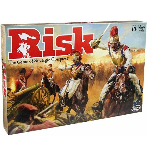 Risk board game box showing a Napoleonic battle scene with soldiers on horseback, a cannon, and a bold red title.