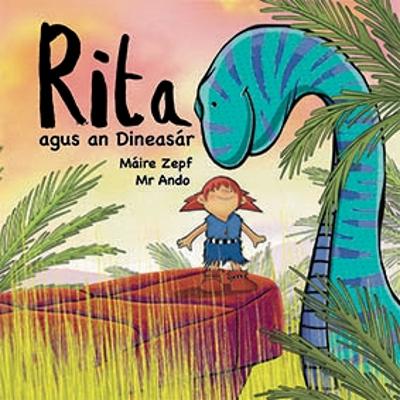 Book cover featuring a red-haired girl and a tall blue-striped dinosaur in a prehistoric tropical setting.