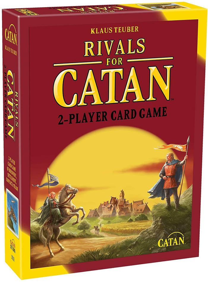 Red Catan game box featuring gold text and an illustration of figures with flags near a village at sunset.