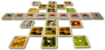 Collection of small square tiles with various designs on a black background