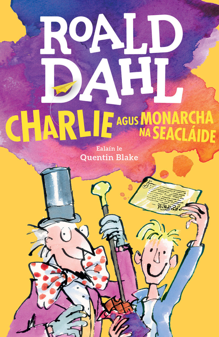 Illustrated yellow and purple book cover featuring Willy Wonka and Charlie holding a golden ticket.