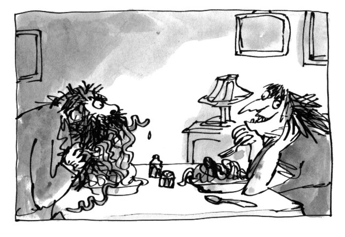 Black and white ink drawing of two messy characters eating spaghetti with noodles tangled in a bushy beard.