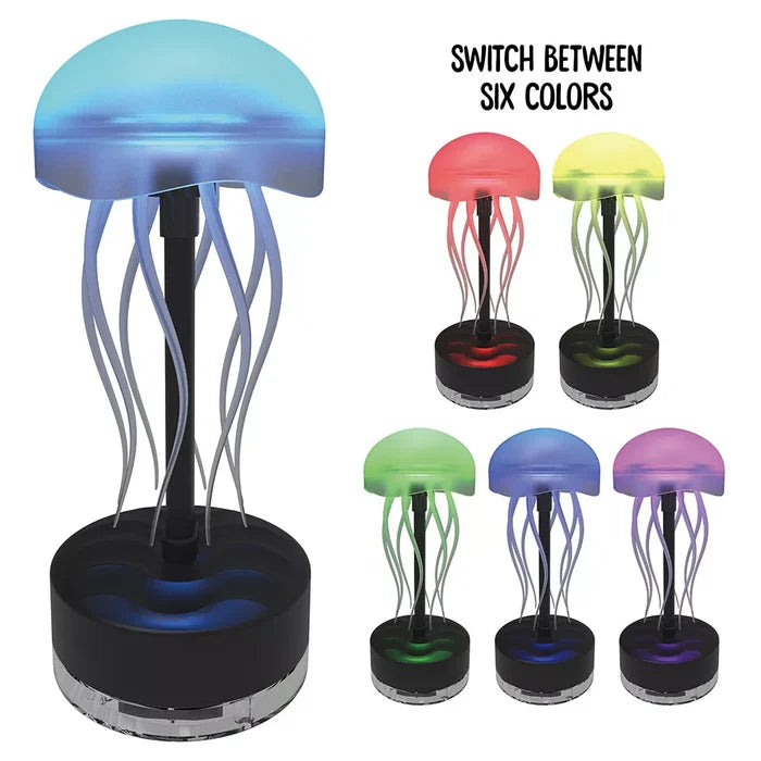 Jellyfish-shaped lamp with clear tentacles shown glowing in six colors: cyan, red, yellow, green, blue, and purple.